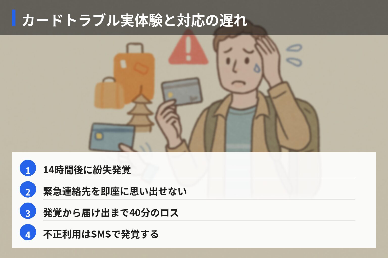 実体験エピソード（失敗）：海外・国内でのカード紛失と不正利用の現場の図解・説明イラスト