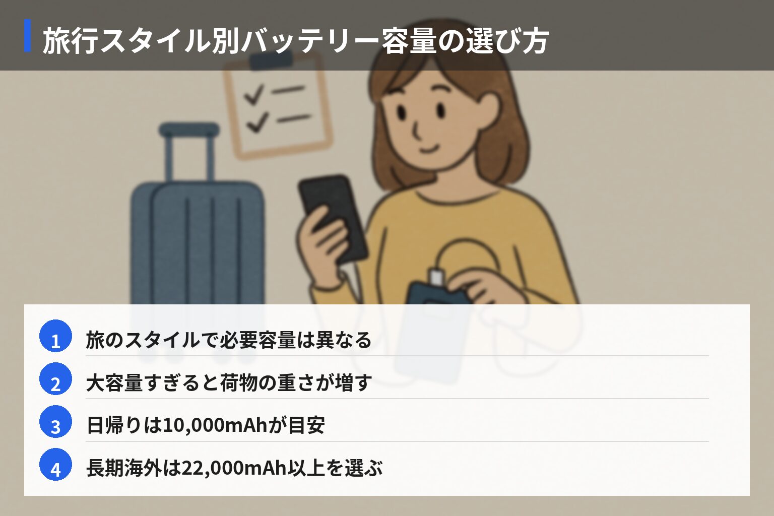旅行用モバイルバッテリーの選び方チェックリストの図解・説明イラスト