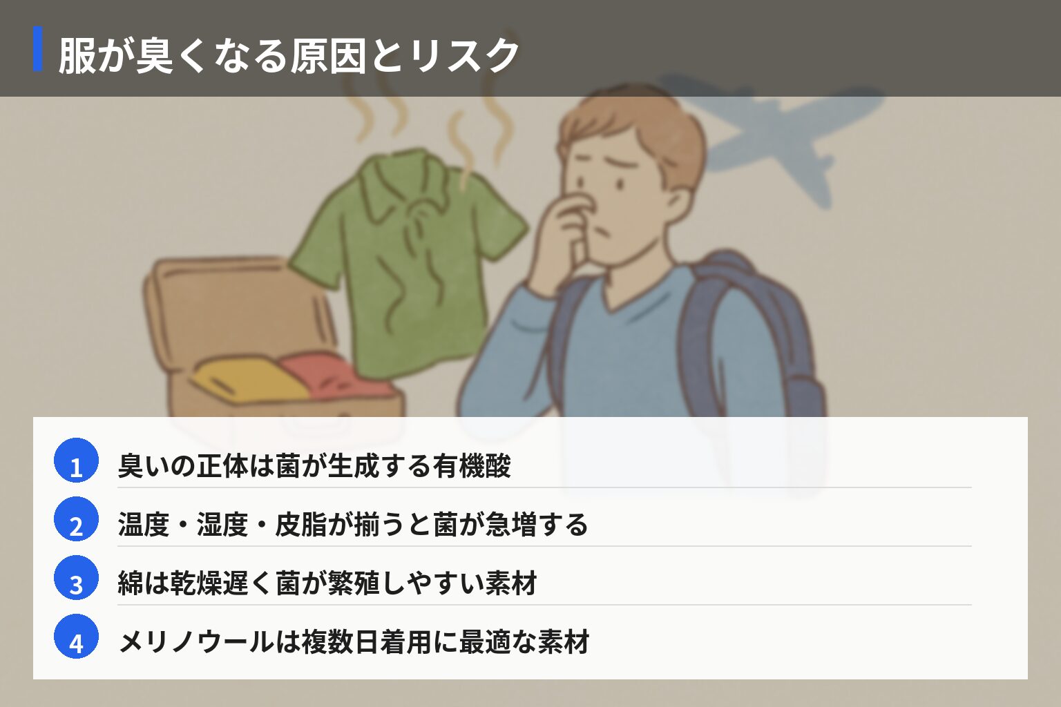 原因・メカニズム分析：服が臭くなる仕組みと旅行中のリスク因子の図解・説明イラスト