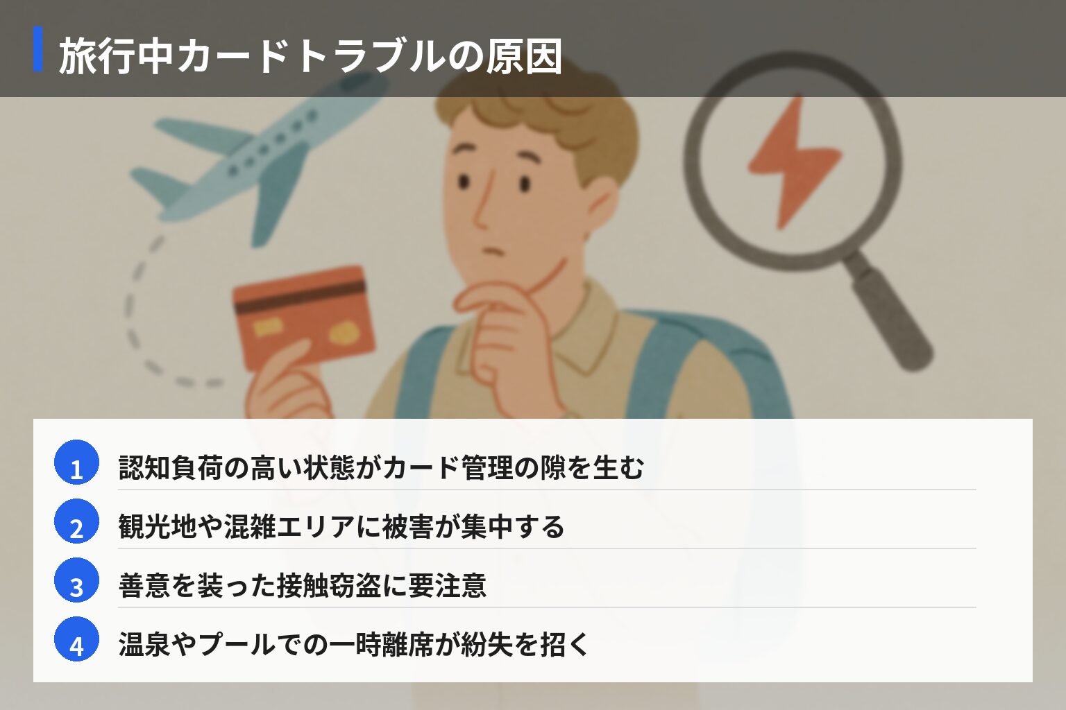 原因とメカニズム分析：なぜ旅行先でカードトラブルは多発するのかの図解・説明イラスト