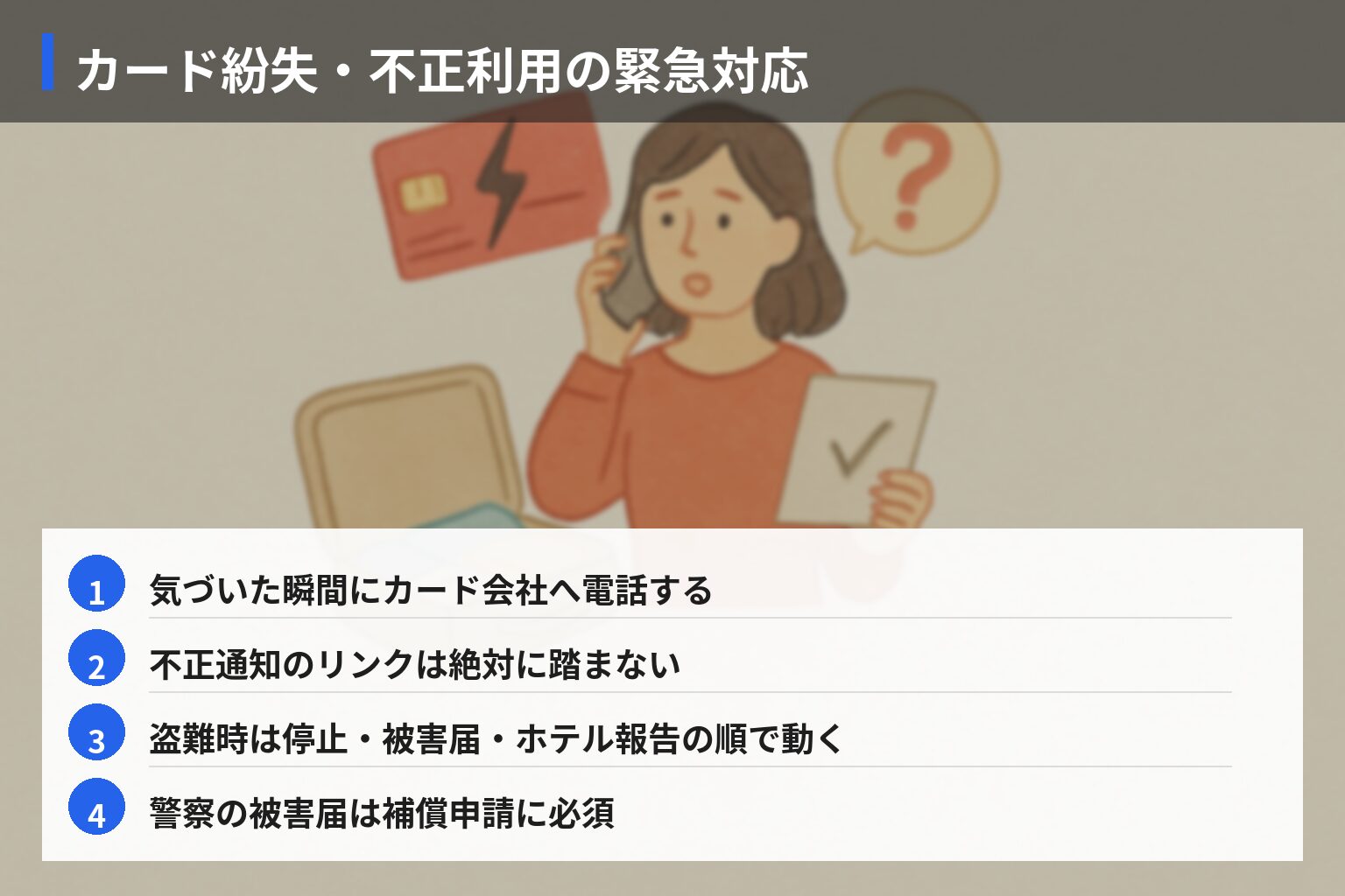 実践ガイド：カード紛失・不正利用時の緊急対応チェックリストの図解・説明イラスト