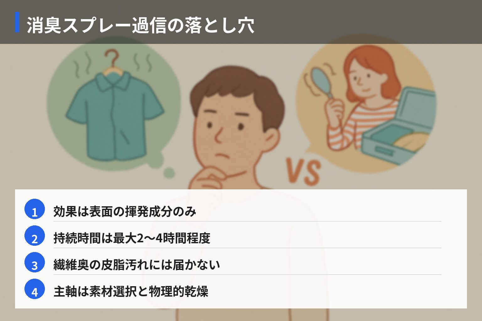 業界の常識 vs 一般人の誤解：服の臭い・衛生管理のよくある勘違いの図解・説明イラスト