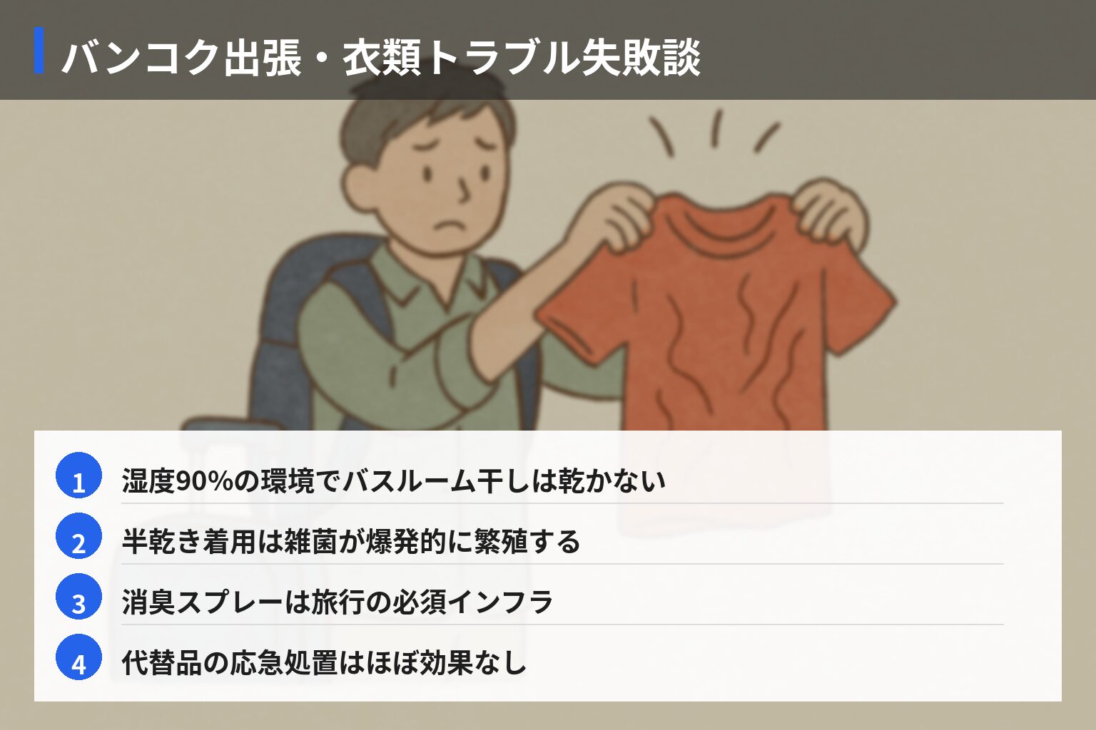 実体験エピソード（失敗）：現場で直面した衣類トラブルの図解・説明イラスト