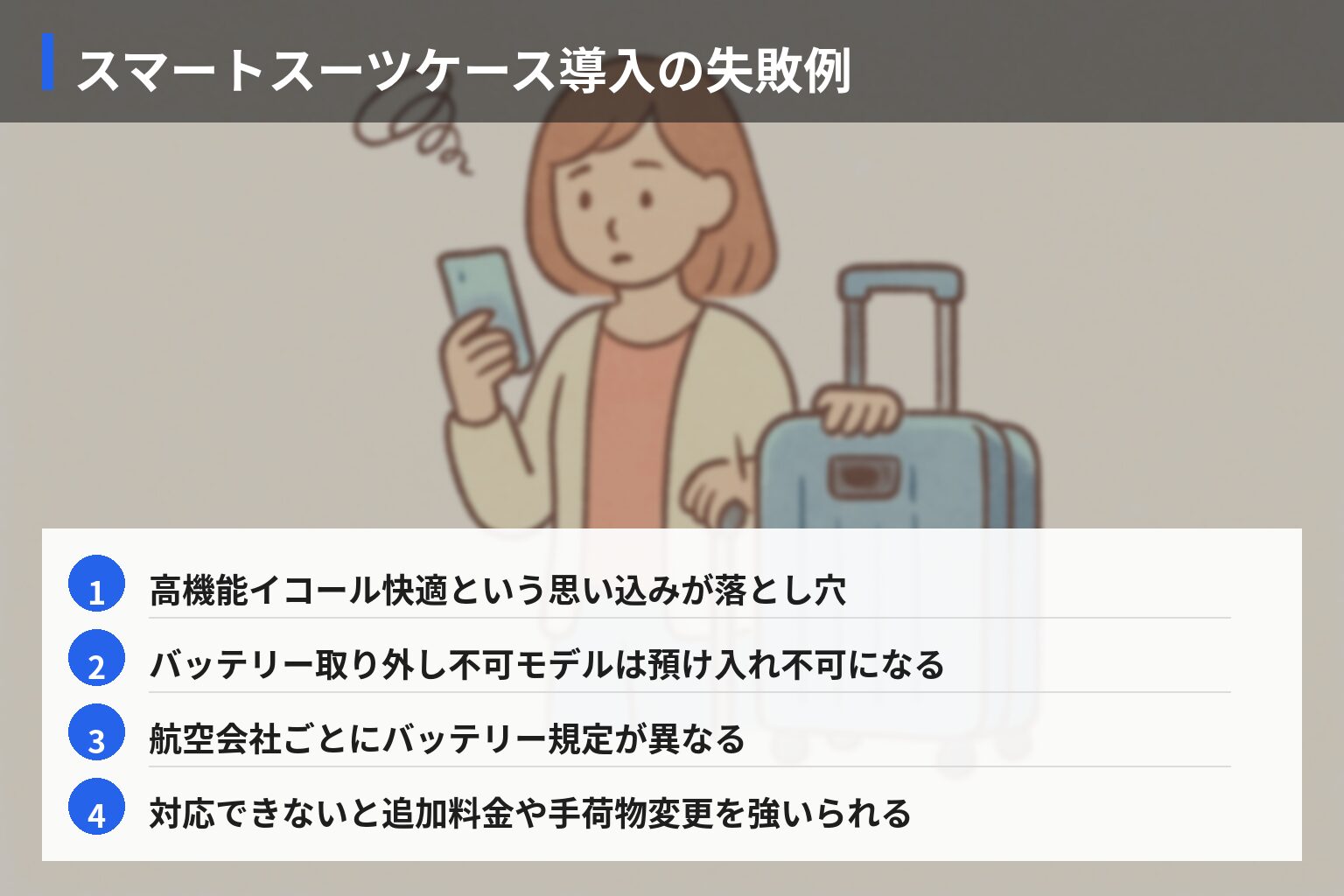 スマートスーツケース導入でよくある失敗と現場のリアルの図解・説明イラスト