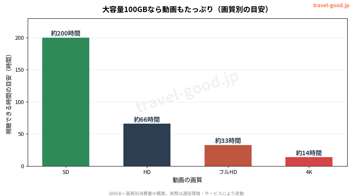 100GBで視聴できる動画時間。HD画質なら約66時間